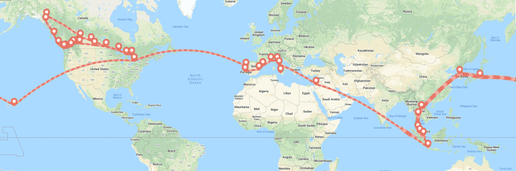 Route around the world demarcated on a google map