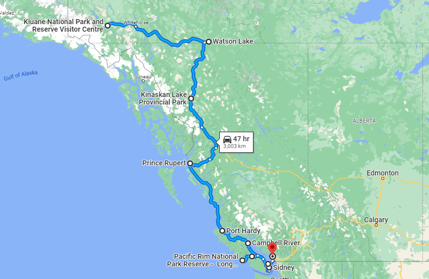 Google Map driving directions Kluane National Park Vancouver